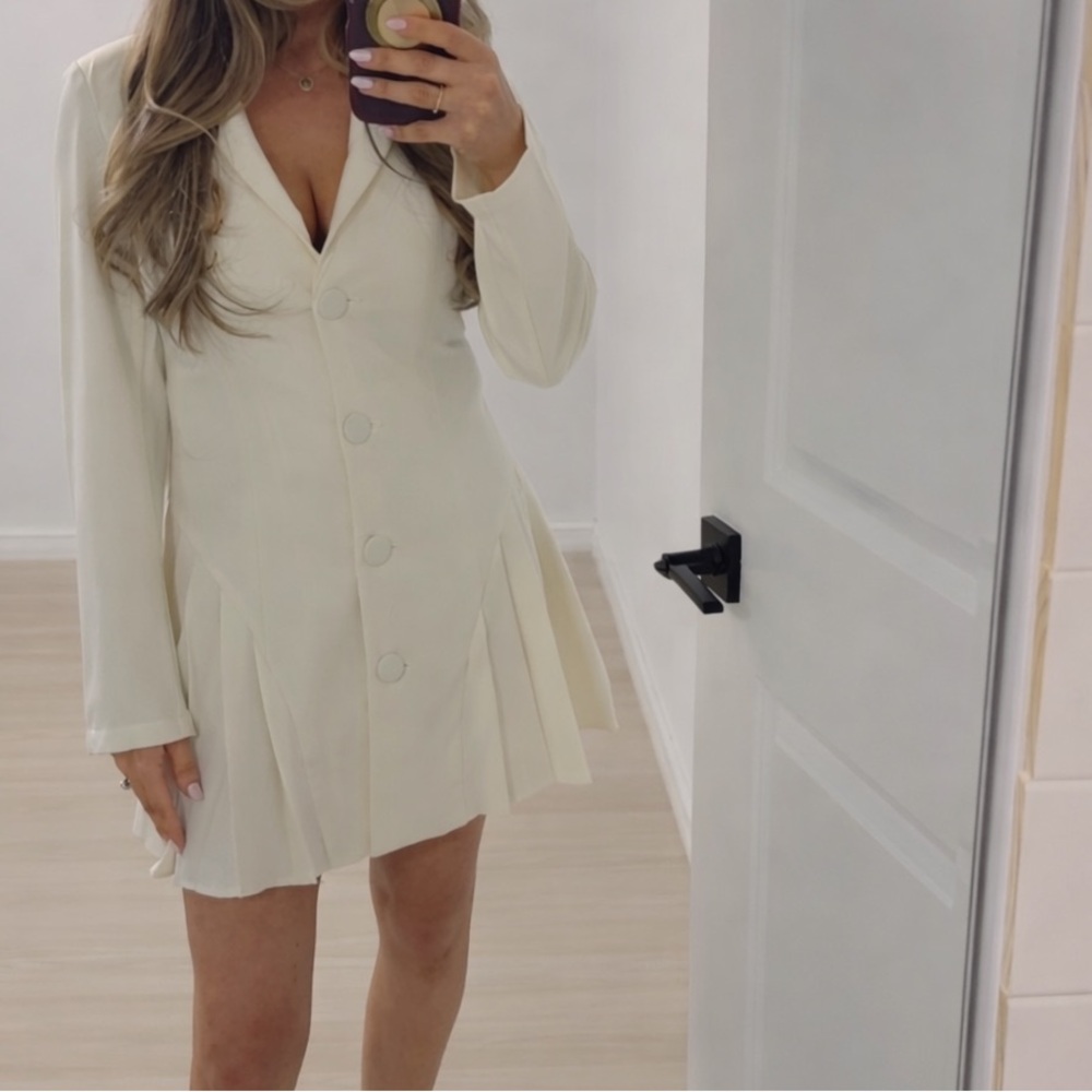 Collar Solid Button Pleated Mini Blazer Dress - image 1